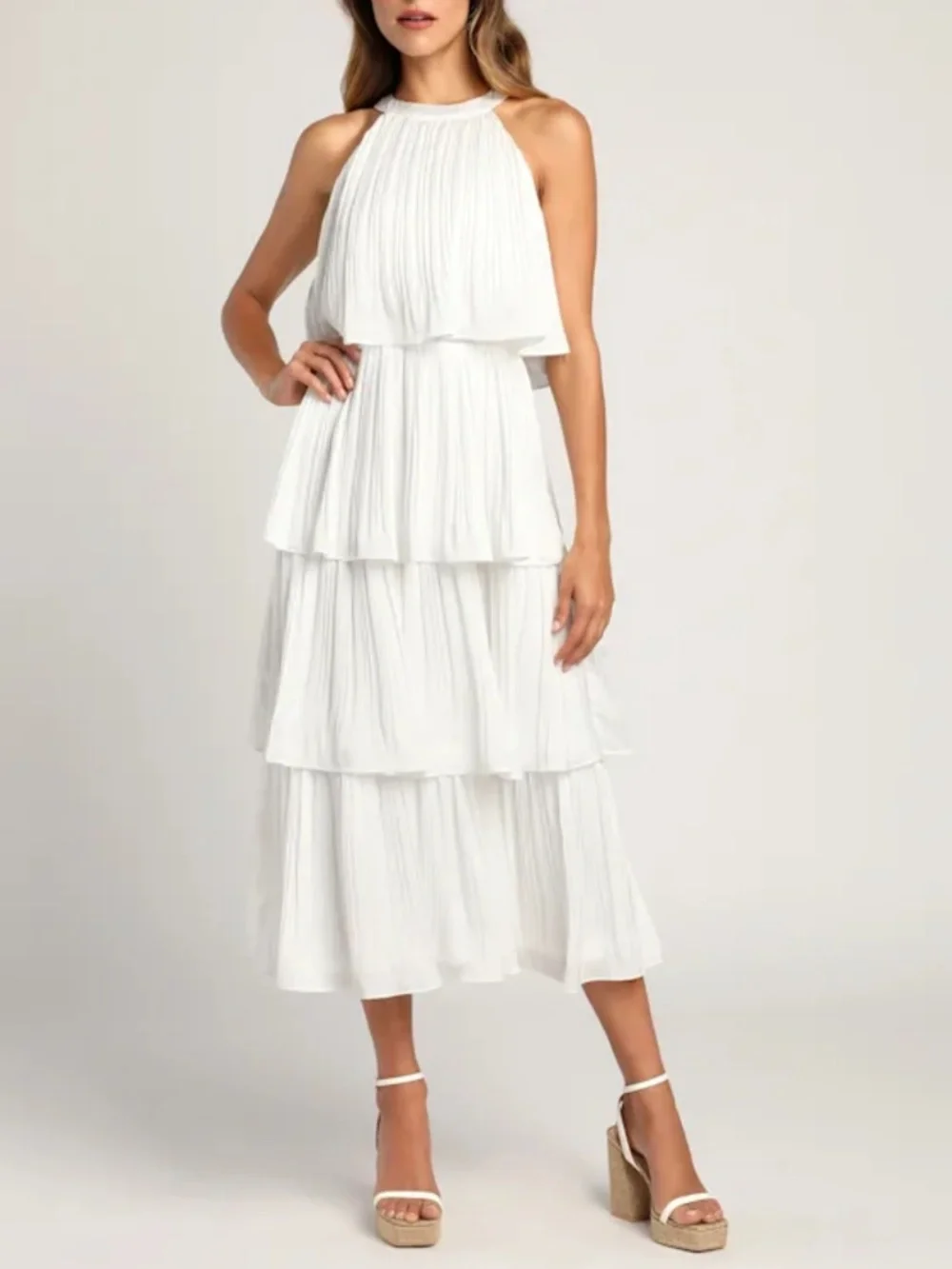 Size L Lulus Tier and Far White Tiered Pleated Halter Midi Dress - Picture 2 of 10